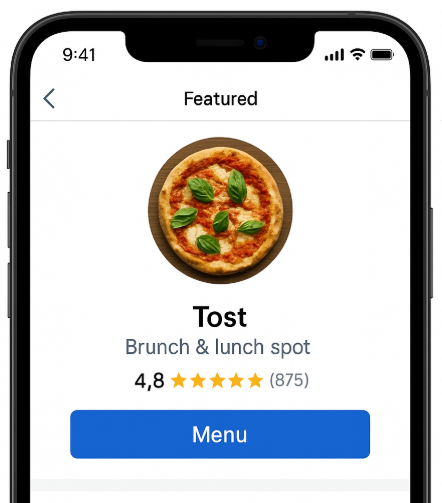 Featured restaurant listing showing high rating and prominent placement