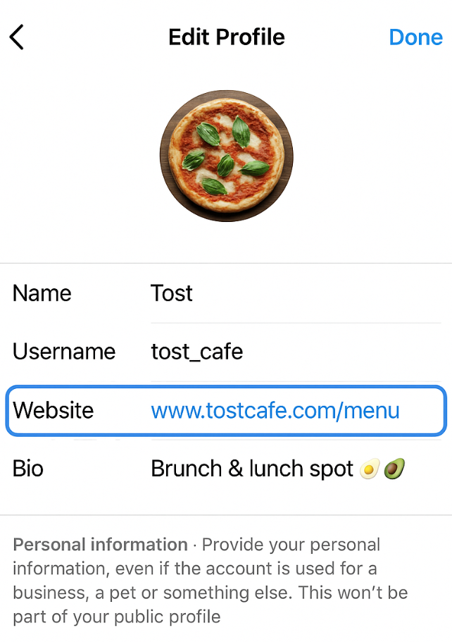 Instagram Edit Profile - Website field highlighted showing menu link