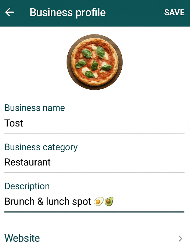 WhatsApp Business profile showing website field for menu link